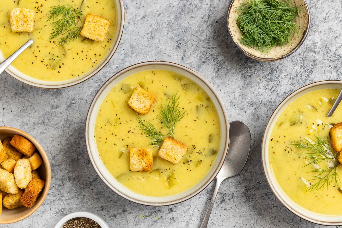 Taste of Home Dill Pickle Soup recipe photo of the finished recipe served into bowls.