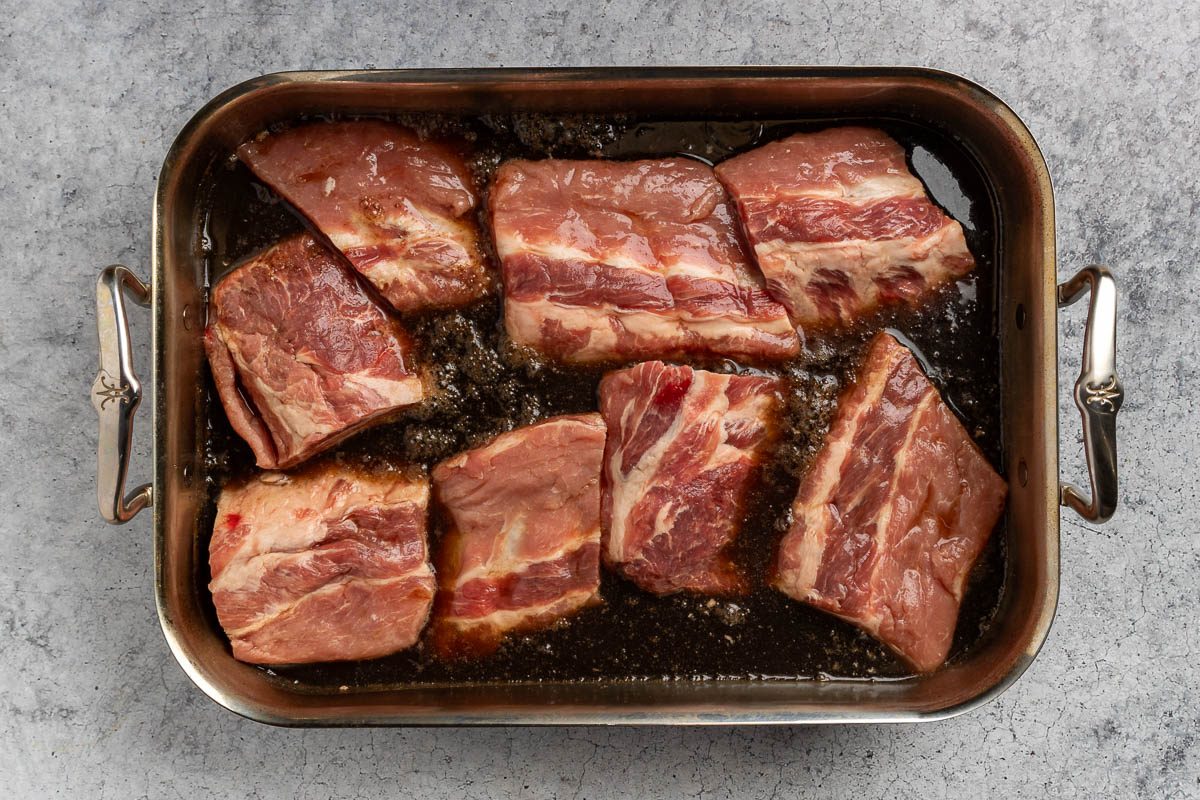 Taste of Home Dr Pepper ribs recipe photo of the ribs marinating in Dr Pepper.