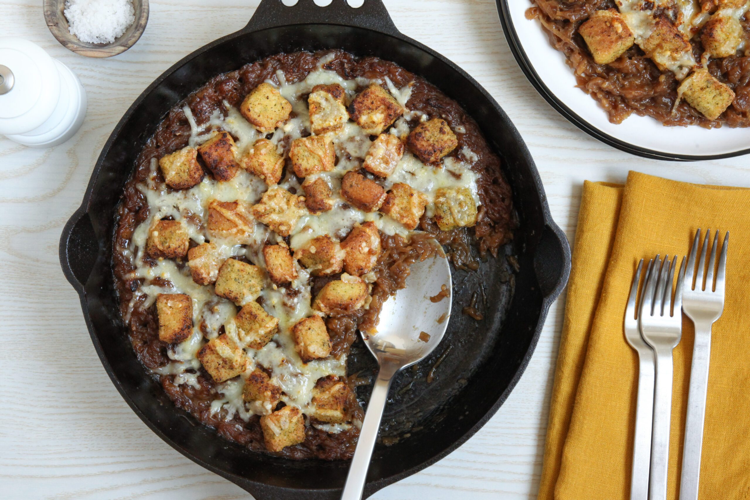French Onion Casserole in a cast iron pan