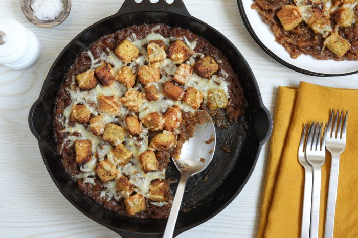 French Onion Casserole in a cast iron pan