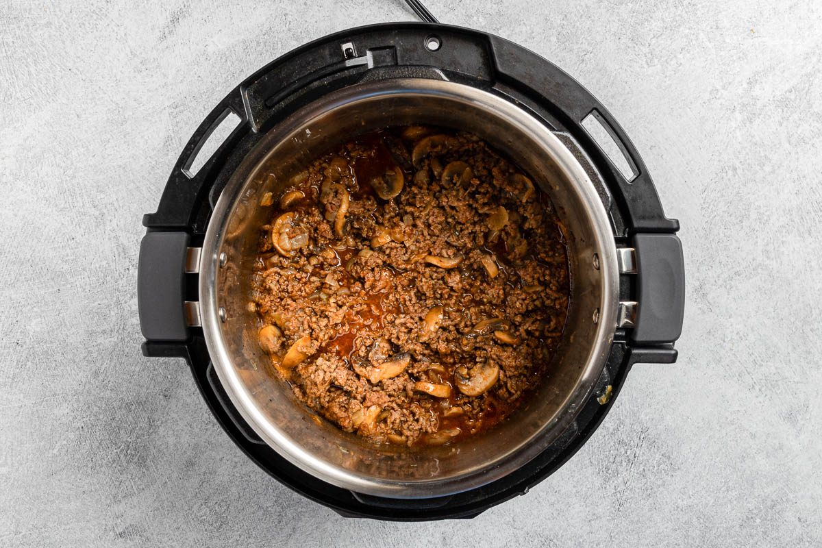 Taste of Home Instant Pot Beef Stroganoff recipe photo of the ingredients after being pressure cooked.