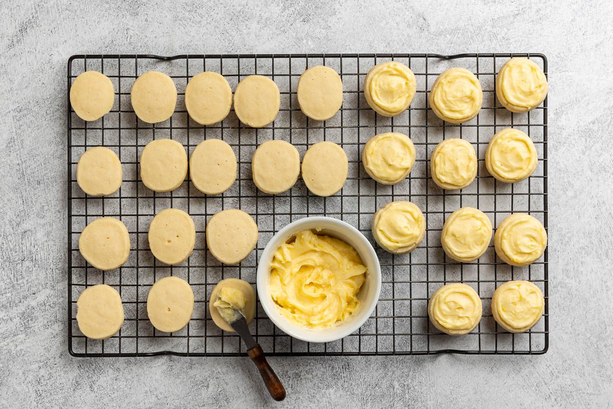 Taste of Home Lemon Meltaway Cookies recipe photo the cookies topped with the frosting.