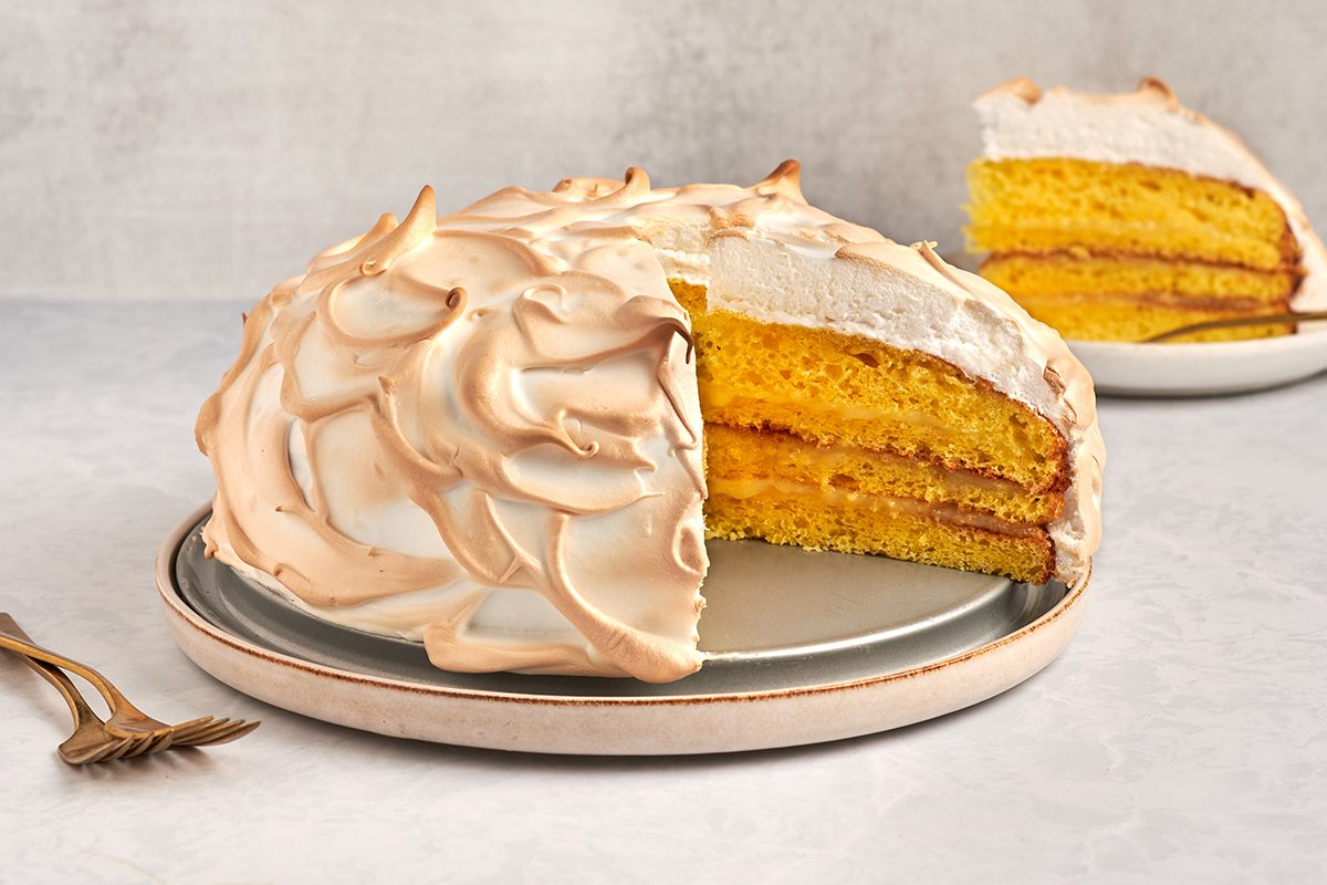 This lemon meringue cake by Taste of Home combines lemon's bright, zesty flavor with a fluffy, sweet meringue topping.