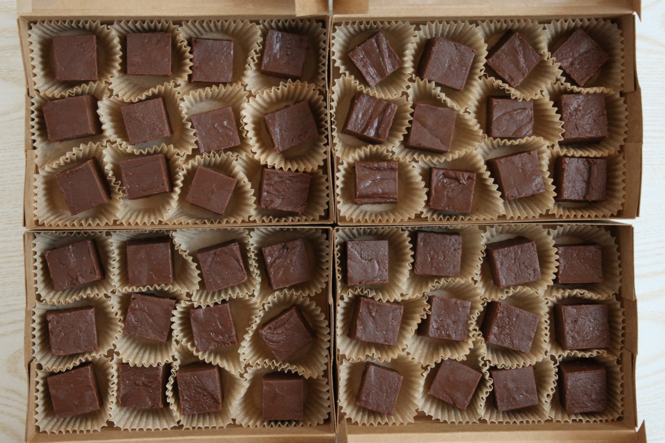 Chocolate fudge packed into gift boxes