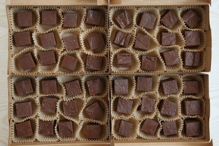 Chocolate fudge packed into gift boxes