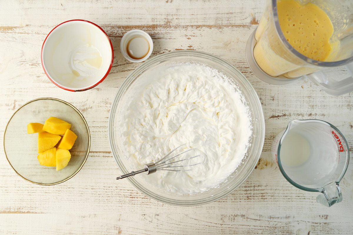 A how to image on how to mkae Taste of Home's no-churn Mango Ice Cream recipe.