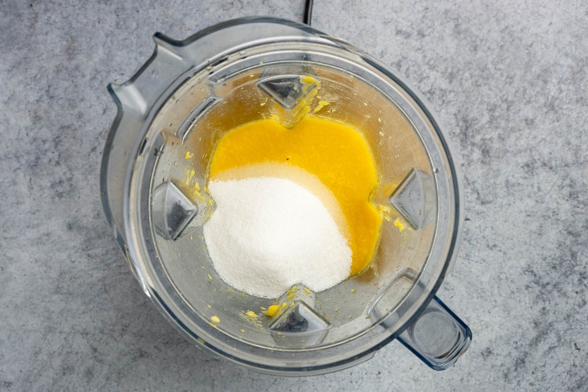 Taste of Home mango sorbet recipe photo of ingredients in a blender.