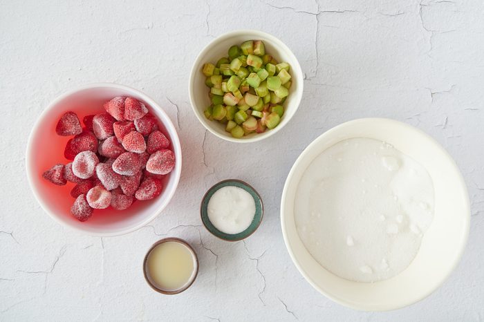 Ingredients for strawberry rhubarb jam.