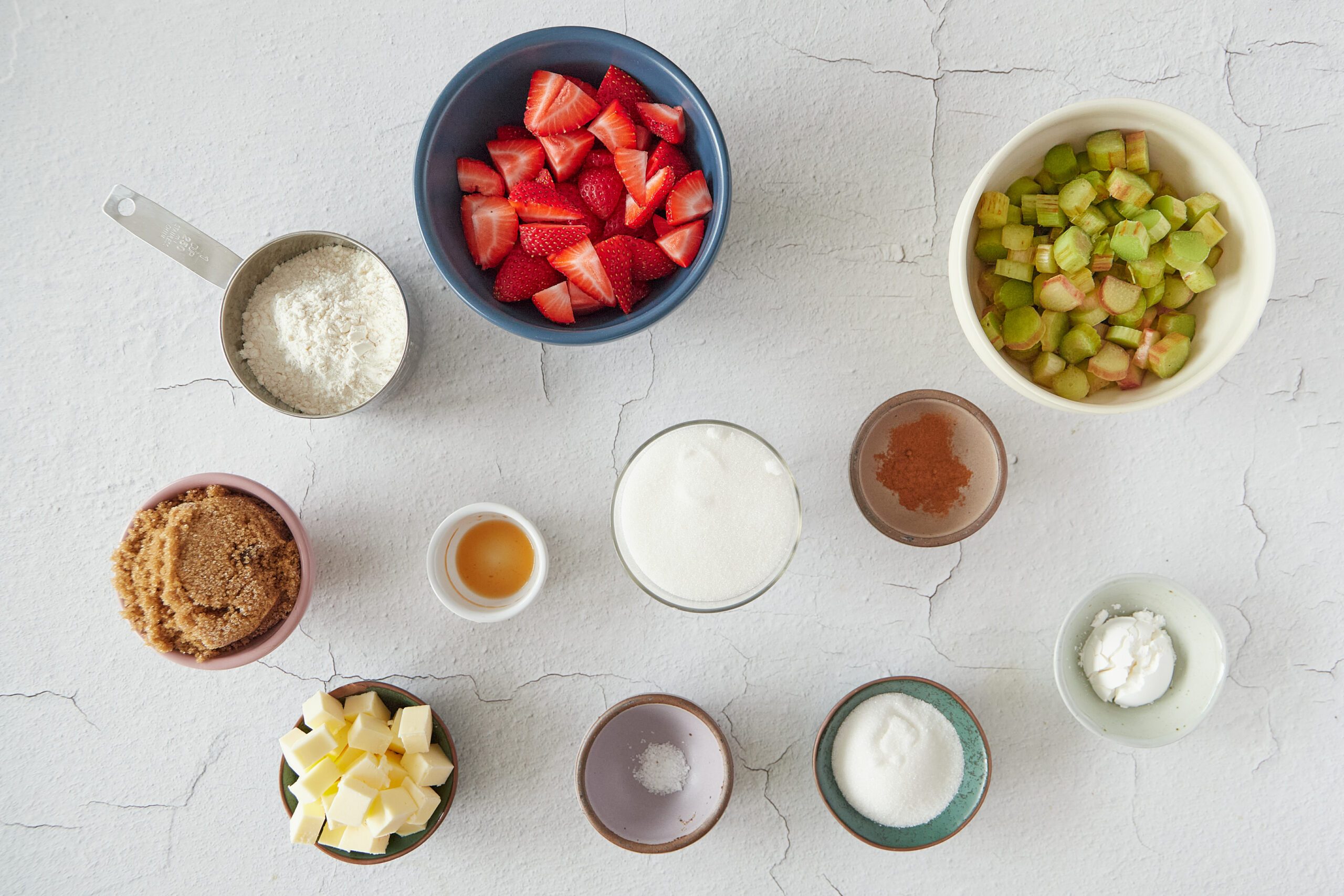 Ingredients for strawberry rhubarb crumble.