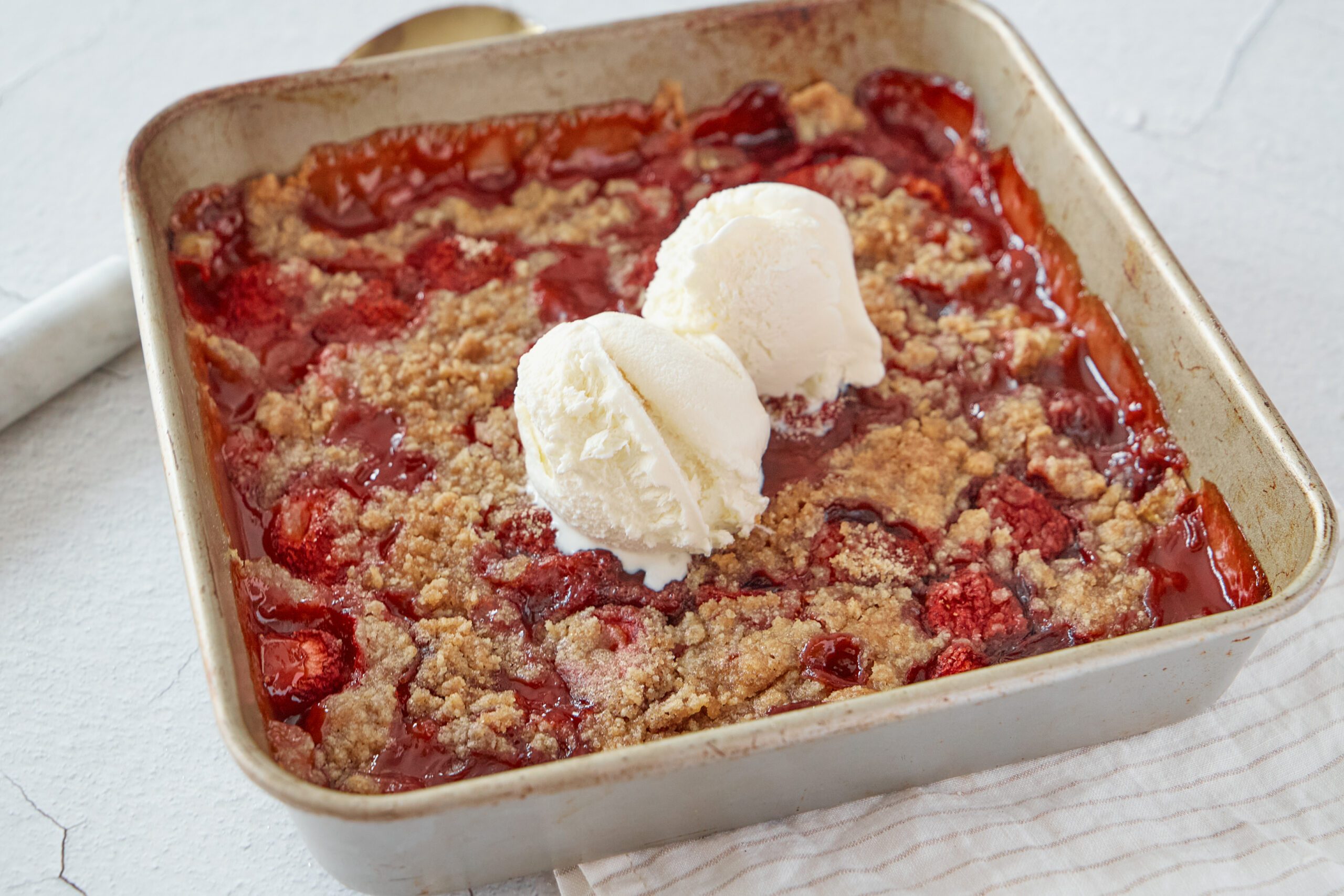 Strawberry rhubarb crumble is a summer favorite.