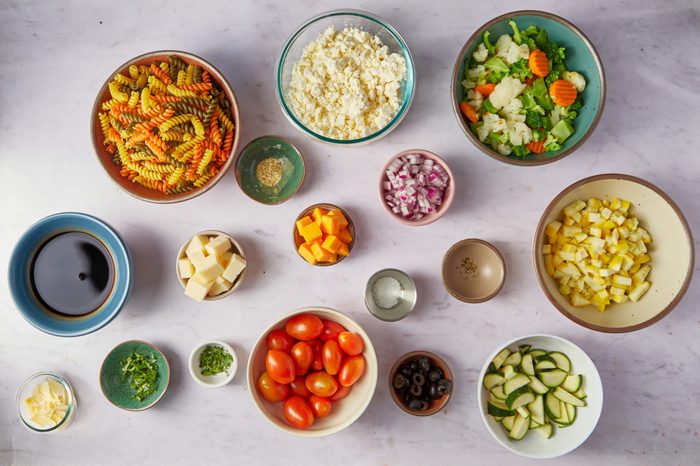 Ingredients for pasta salad with Italian dressing