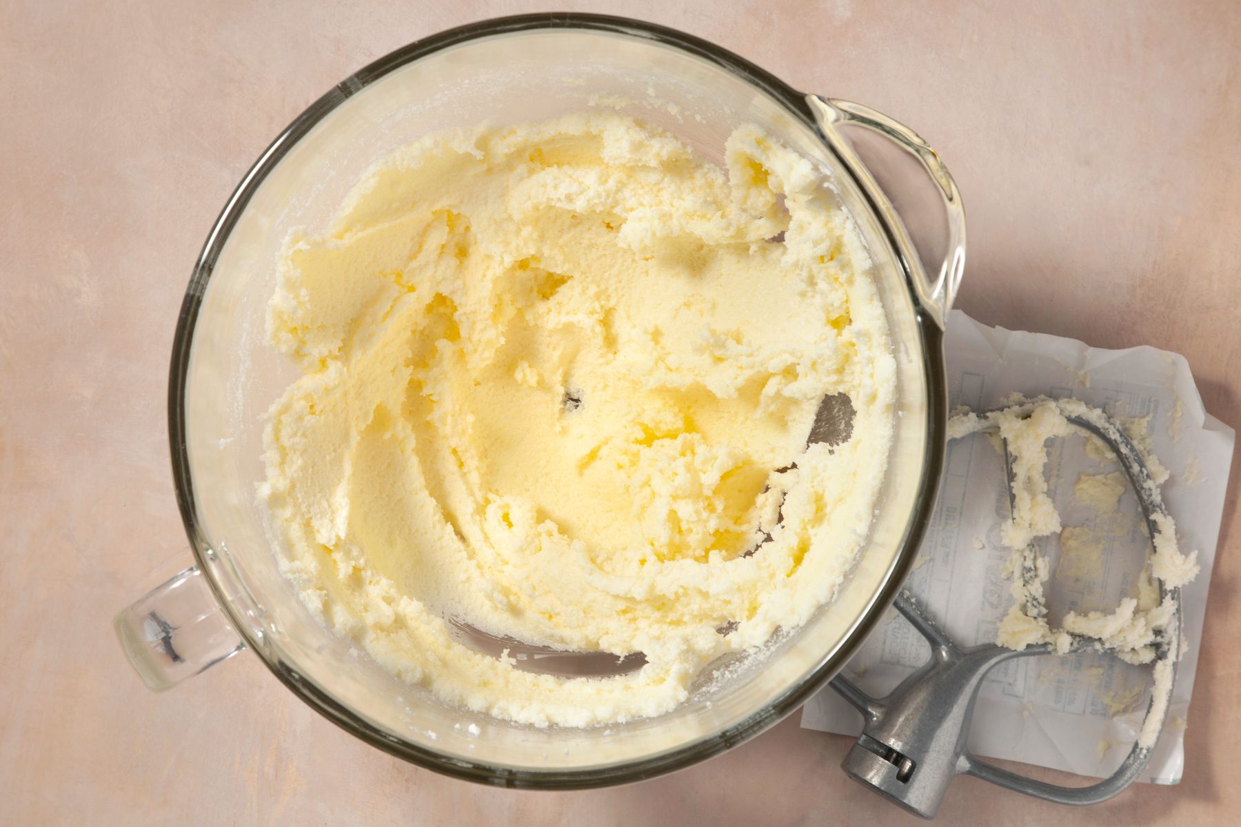 Top view of creaming butter and sugar mixture 