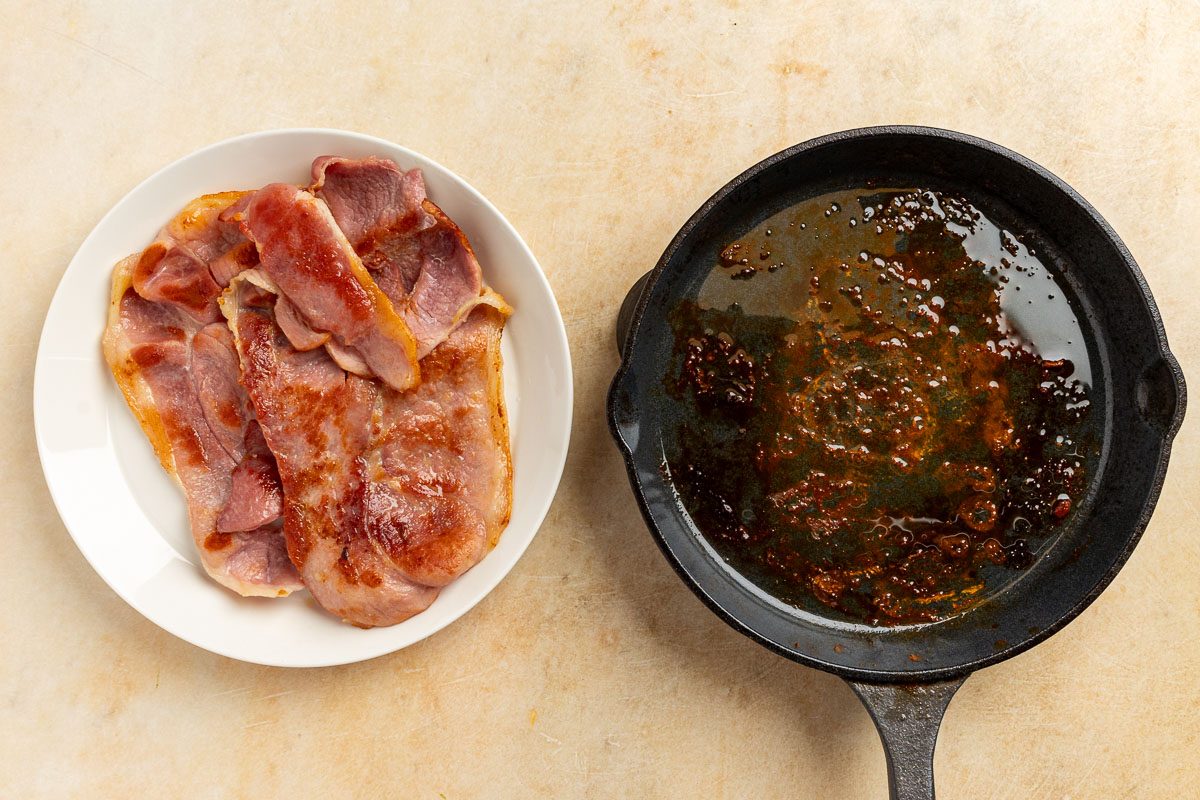 Taste of Home Red Eye Gravy recipe photo of the cast iron skillet after cooking the country ham.