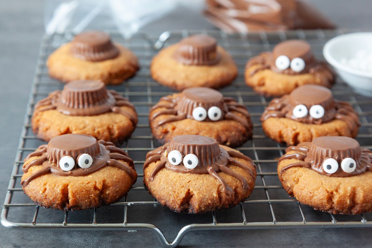 Step 4 of Taste of Home Spider Cookies is to melt chocolate and shortening in the microwave and use to to pipe legs and adhere eyes to the peanut butter cups