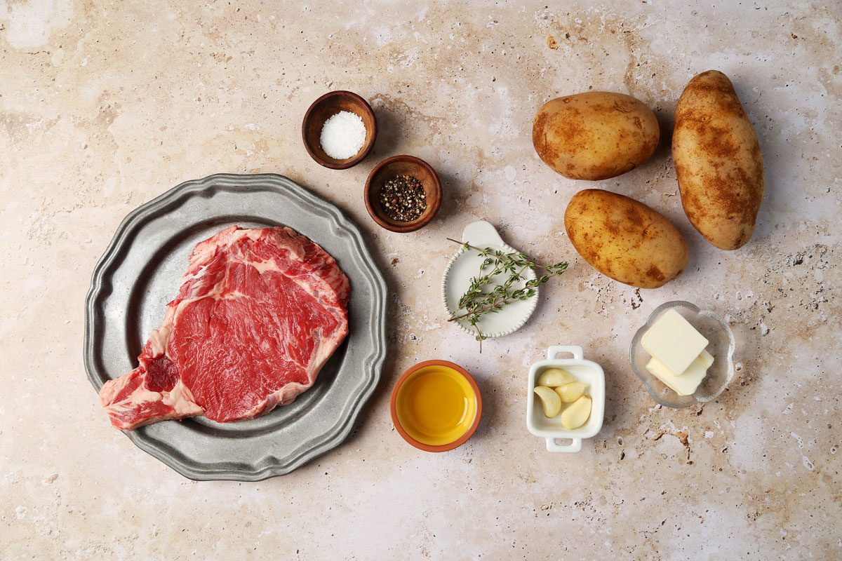 Ingredients laid out in bowls for Taste of Home's Steak Frites recipe.