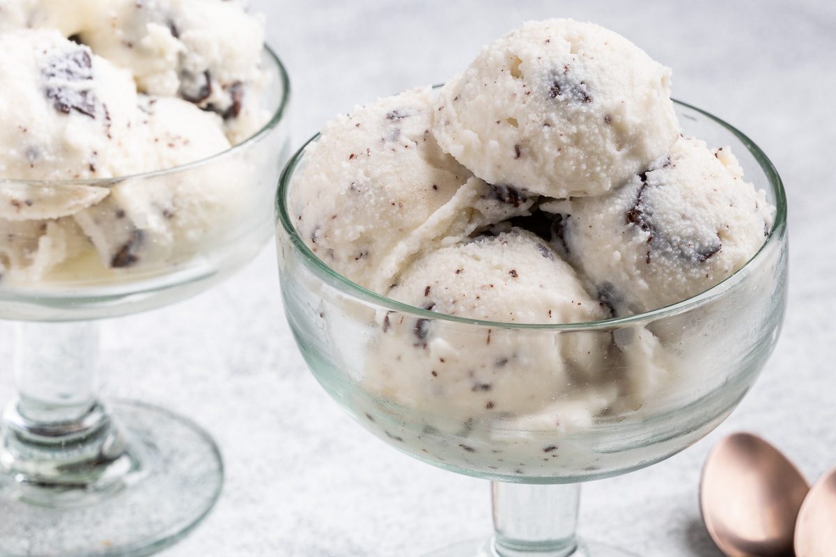 Taste of Home Stracciatella Gelato recipe photo of the gelato scooped into bowls.