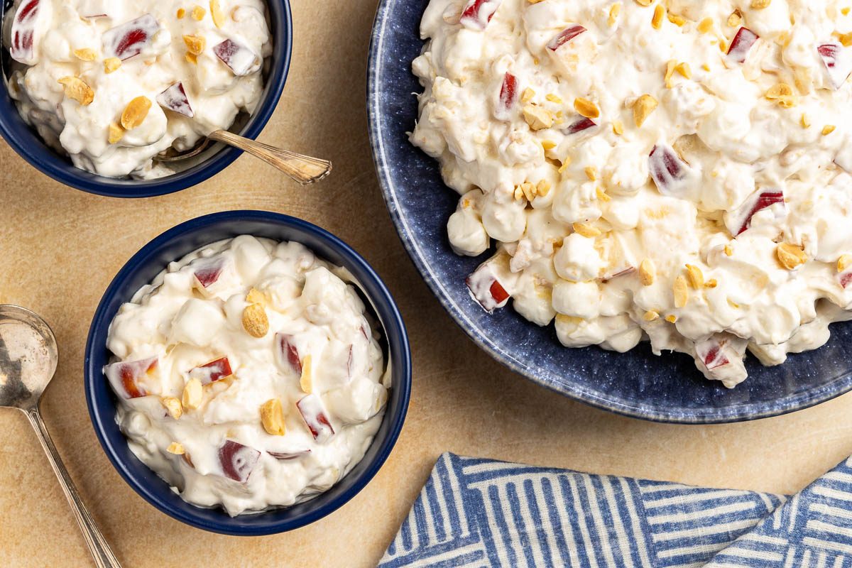 Taste of Home Taffy Apple Salad recipe photo of the finished recipe served into bowls.