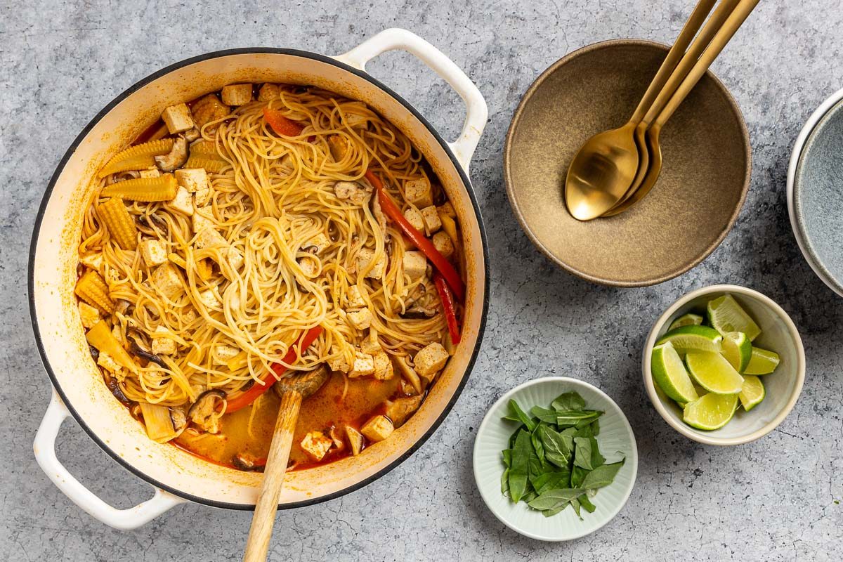 Taste of Home Thai Curry Soup recipe photo of the noodles added to the dutch oven.