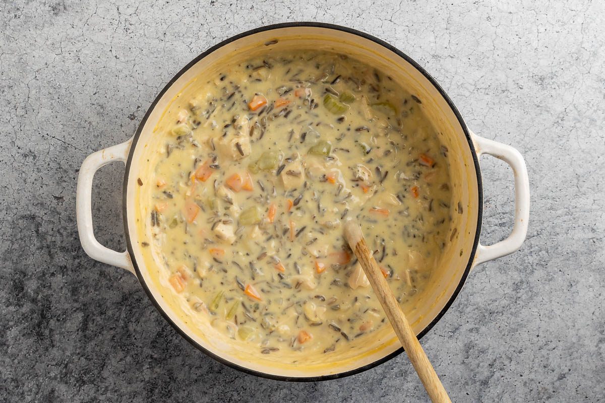 Taste of Home Turkey and Wild Rice recipe photo of all the other ingredients added to the cooked soup.