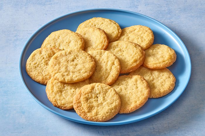 Angled shot of a plateful of vanilla wafers