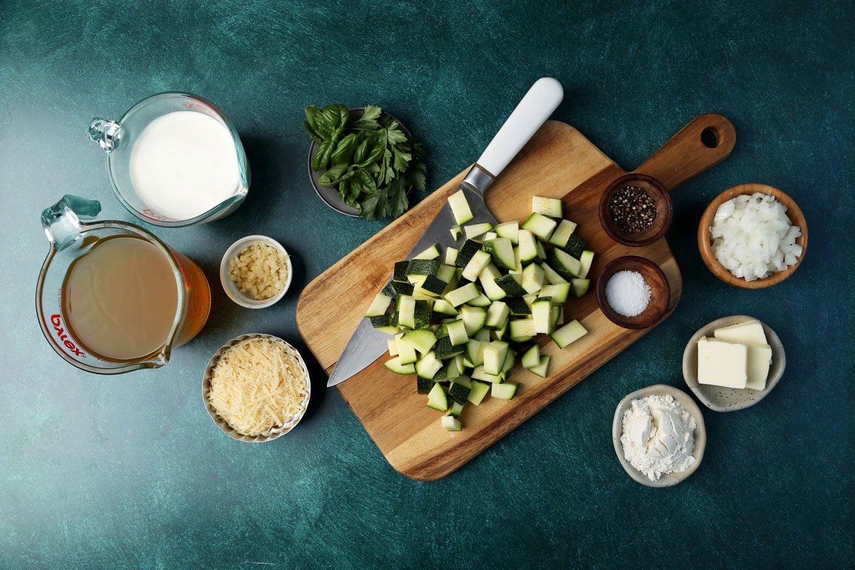 Ingredients laid out in bowls for Taste of Home's Zucchini Soup.