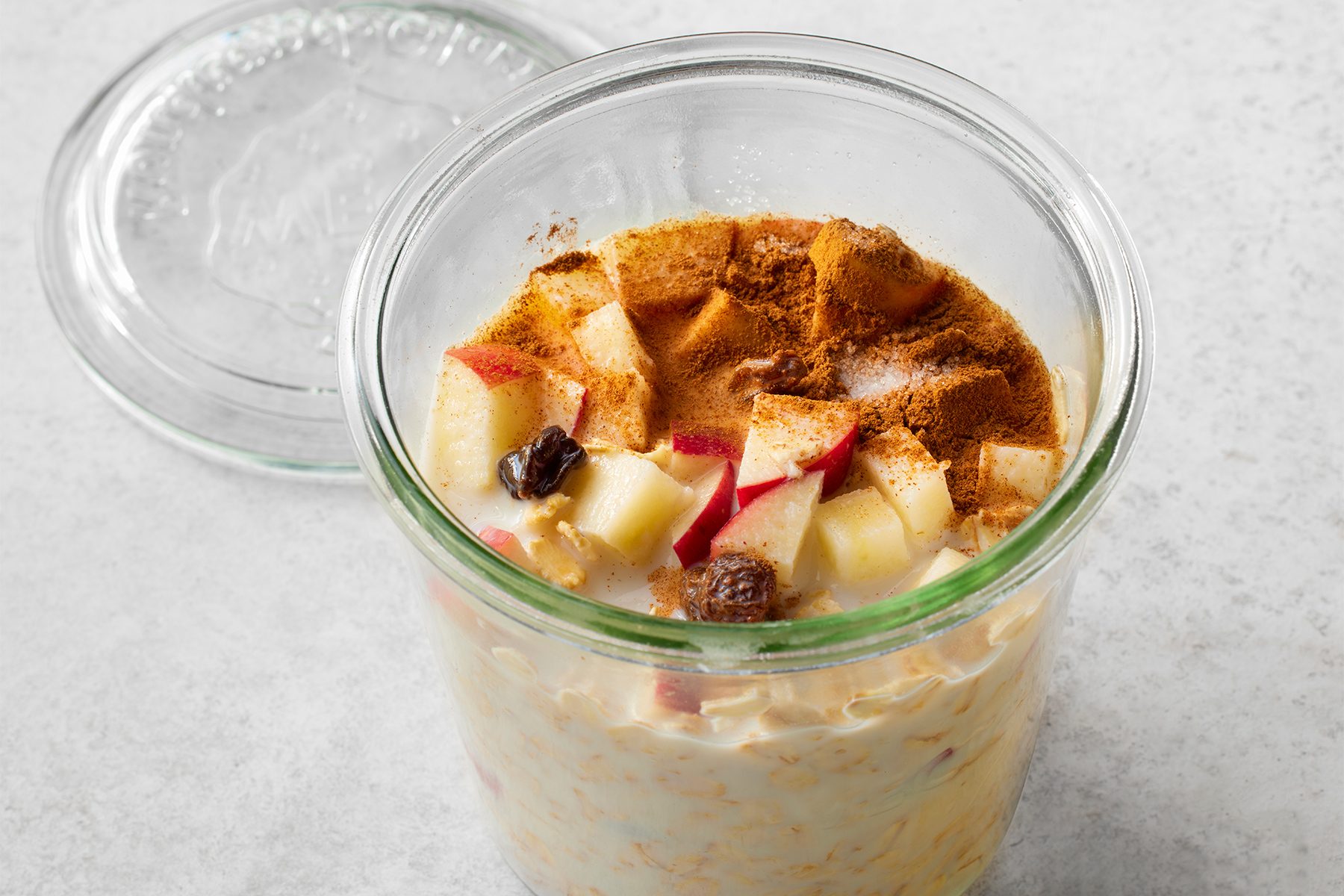 3/4th shot of Apple Cinnamon Overnight Oats in a jar
