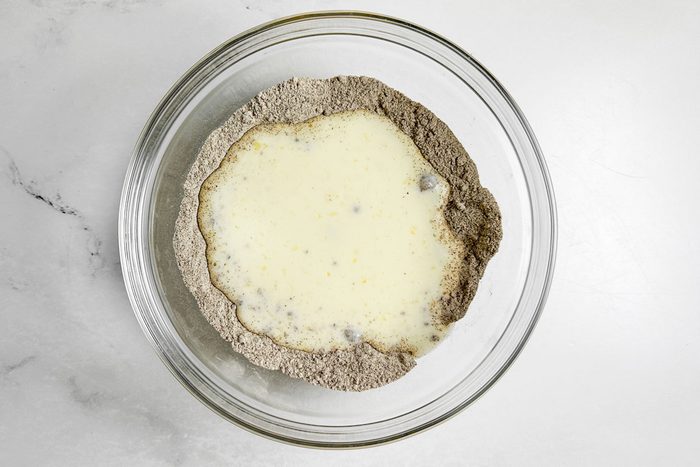 Batter for Taste of Home Buckwheat Pancakes in a glass bowl