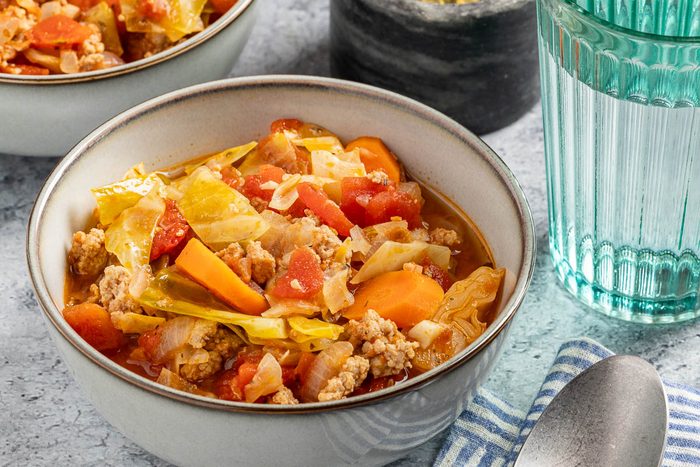 Taste of Home Cabbage Stew recipe photo of the finished stew served into bowls.
