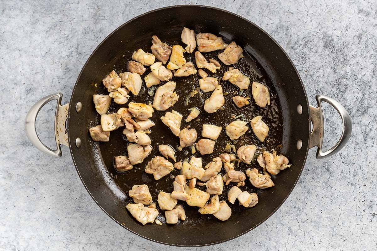 Taste of Home Chicken Pesto Pasta recipe photo of the browned chicken in a skillet.