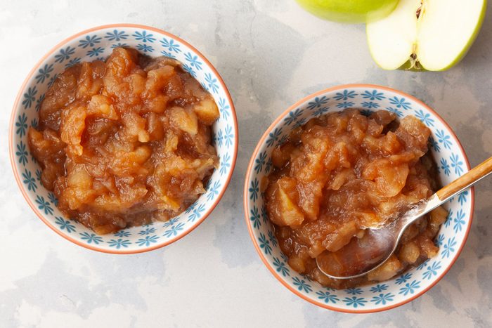 Single servings of Taste of Home Chunky Applesauce in small blue and white bowls
