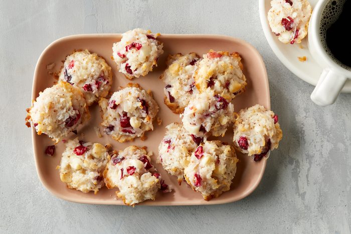 Coconut Cranberry Cookies on wooden plate