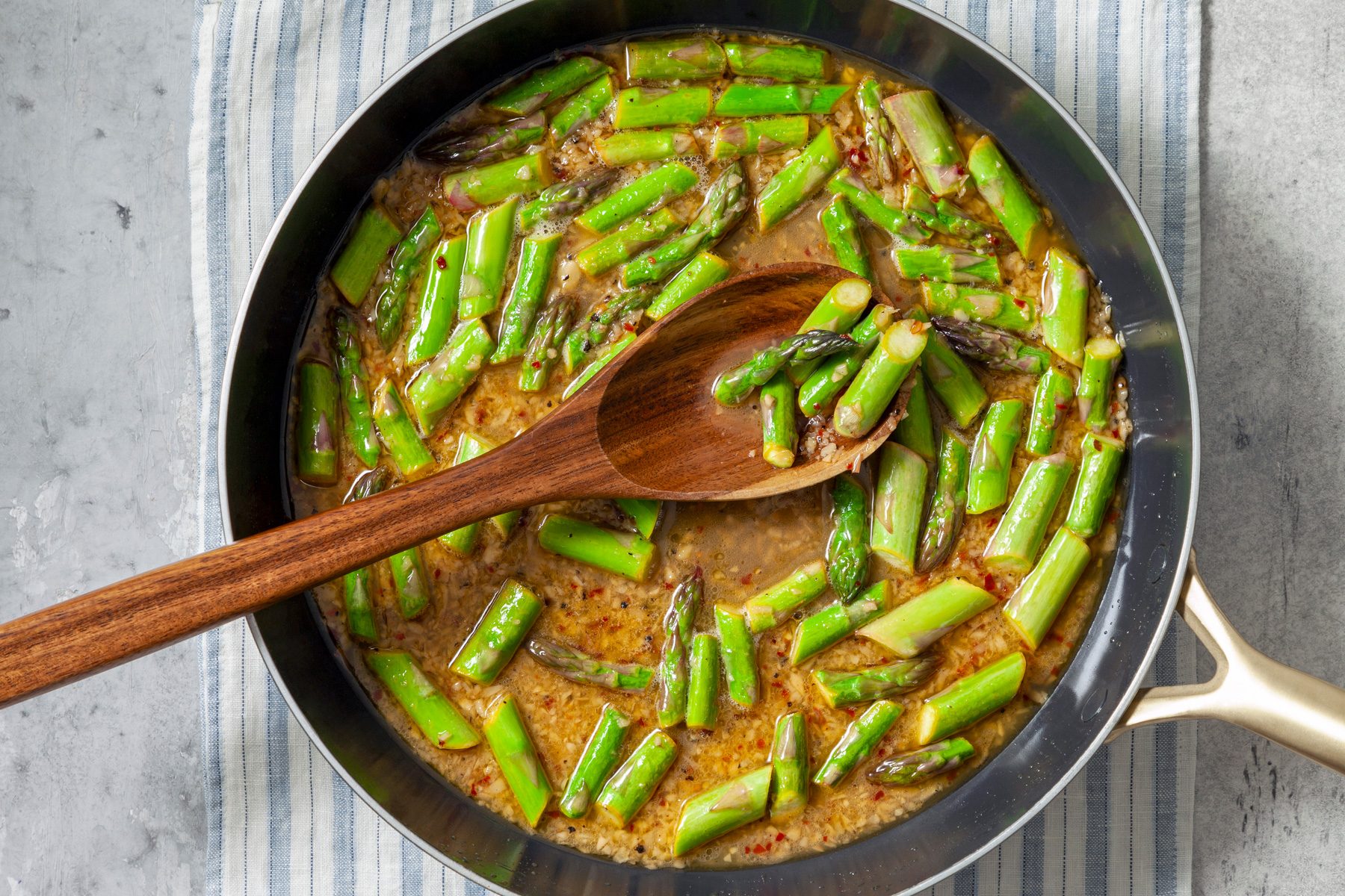 Add asparagus, lemon juice and wine