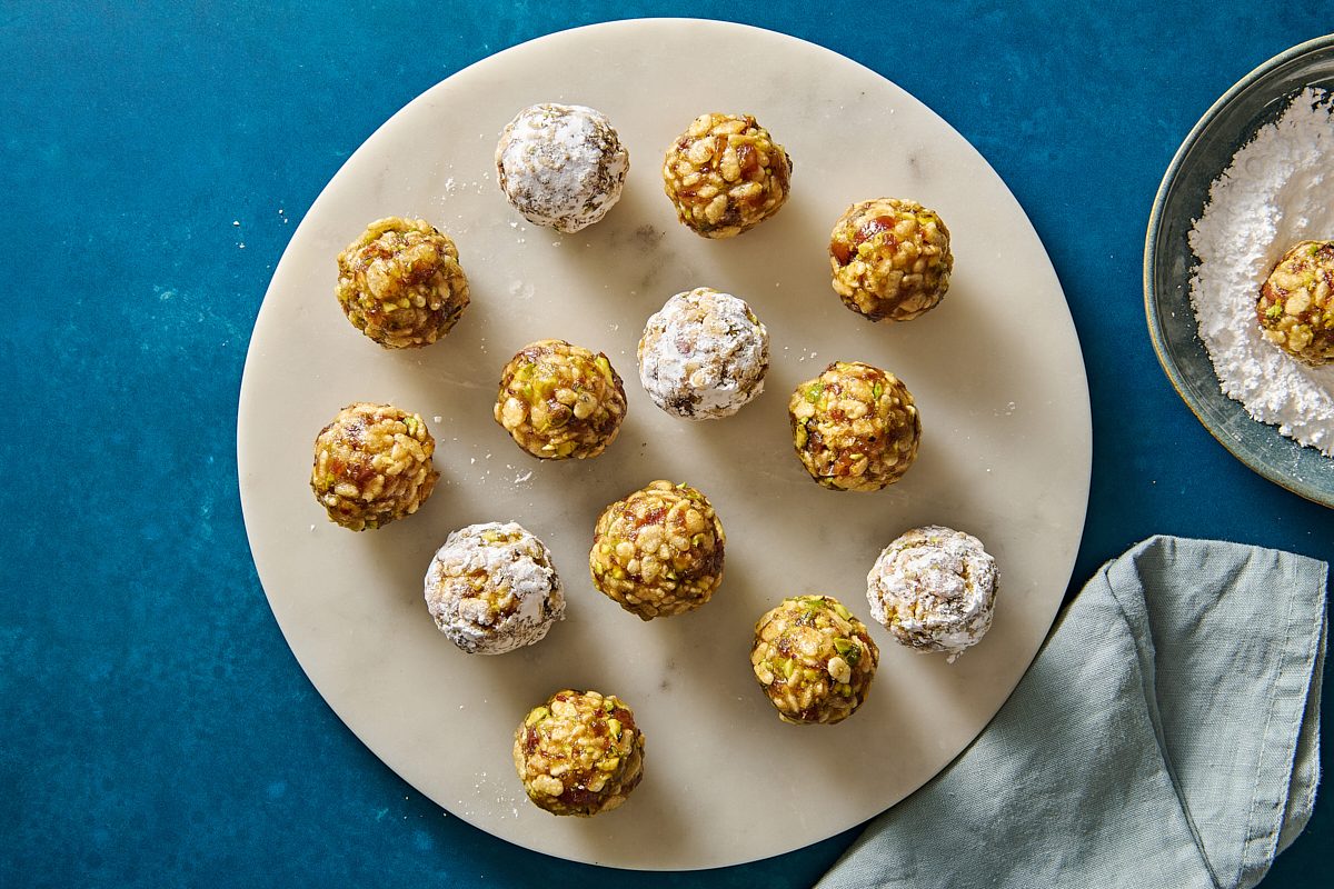 Overhead shot of date nut balls served on a platter