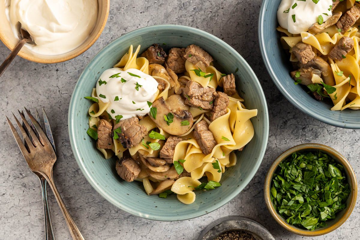 Taste of Home Easy Beef and Noodle recipe photo of the finished recipe served in bowls.