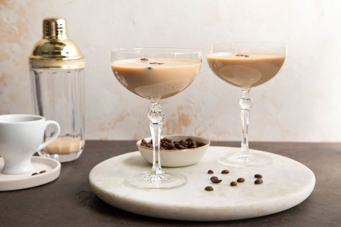 Espresso Martini With Baileys served in martini glasses with coffee beans on top