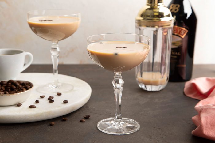 Espresso Martini With Baileys served in martini glasses with coffee beans on top