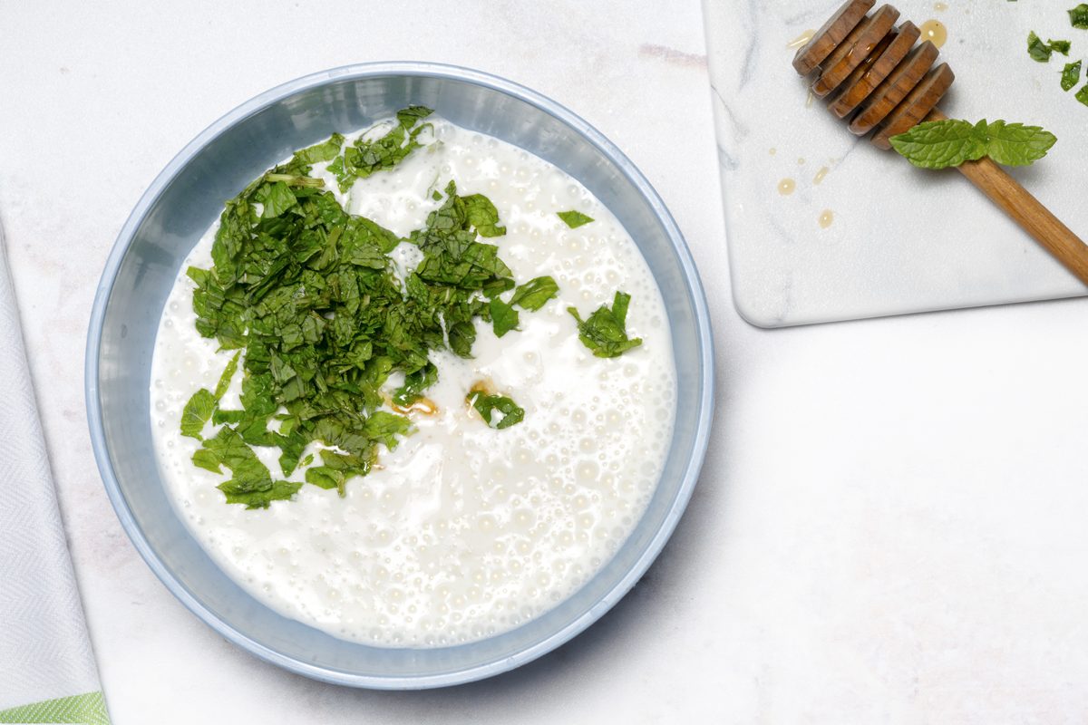 Preparing the yogurt dip for the Fruit dessert