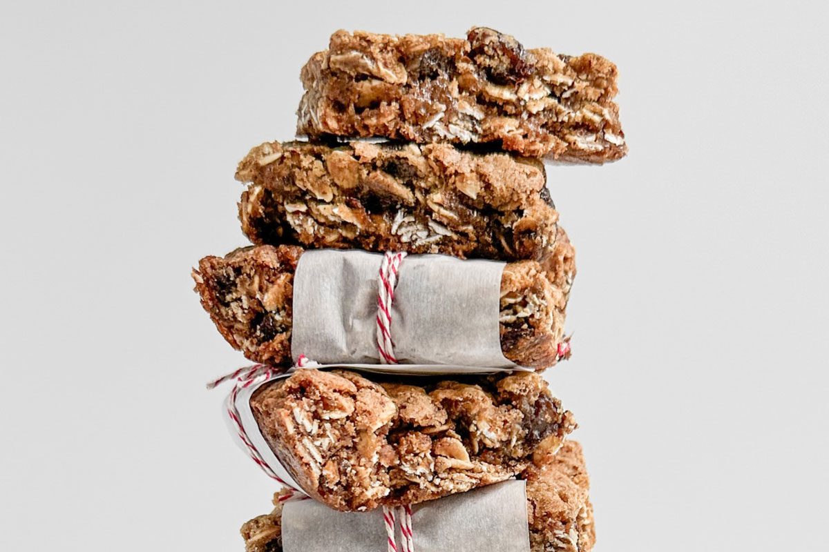 Taste of Home Nut Free Granola Bars on a mini cake stand