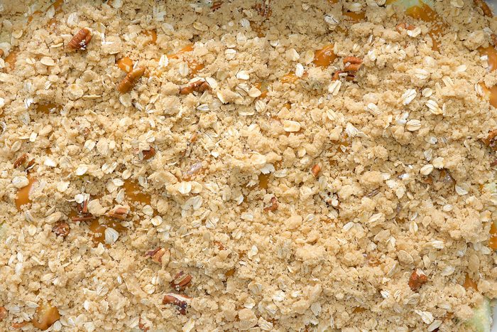 Caramel and apples topped with oatmeal mixture.