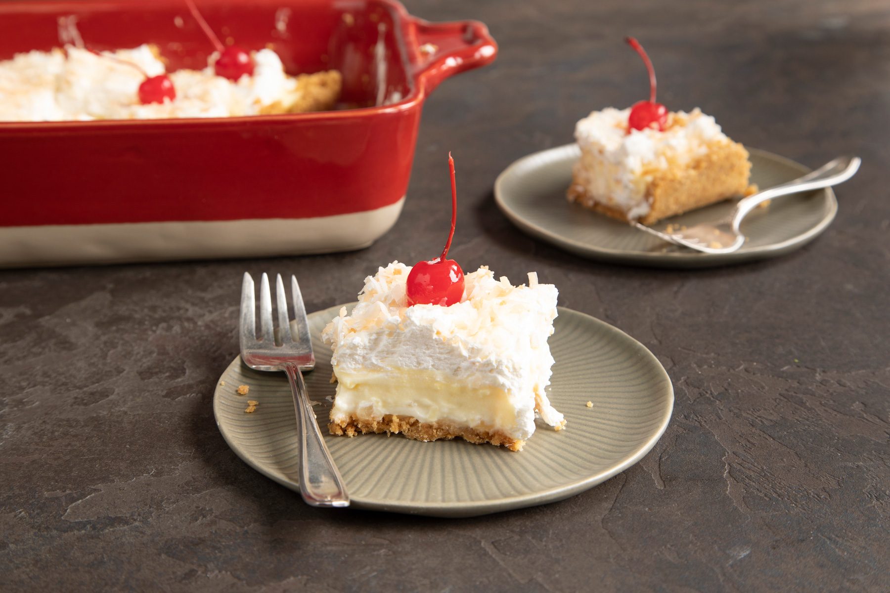 Pina Colada Lush served on grey plates with fork