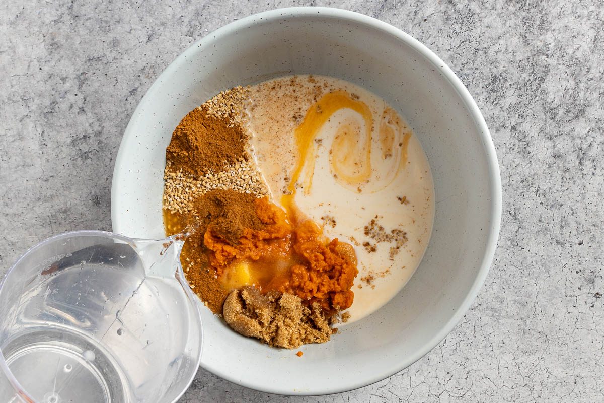 Taste of Home Pumpkin Oatmeal recipe photo of mixing all the ingredients in a large mixing bowl.