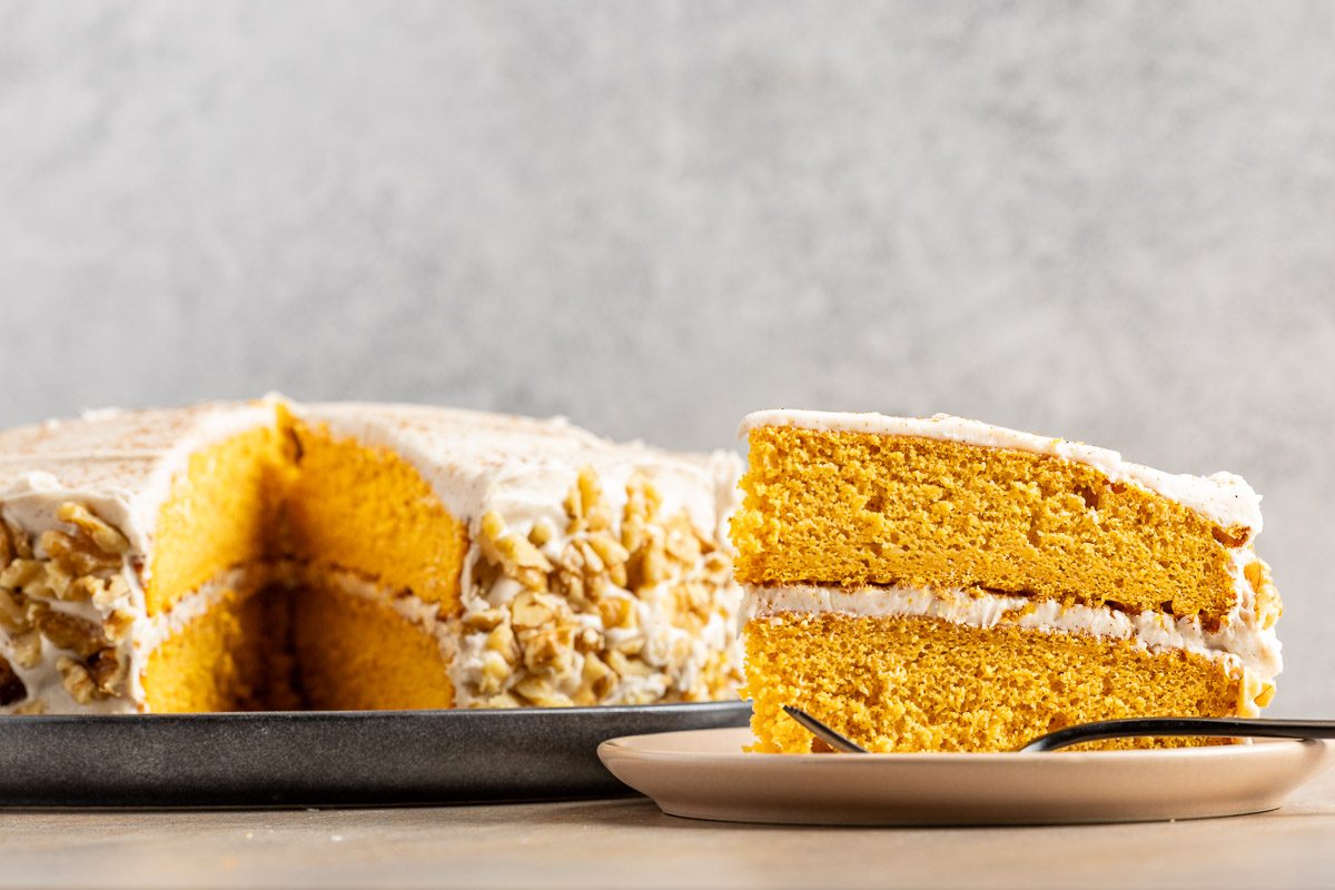 Taste of Home Pumpkin Pie Cake recipe photo of the finished recipe cut into slices.