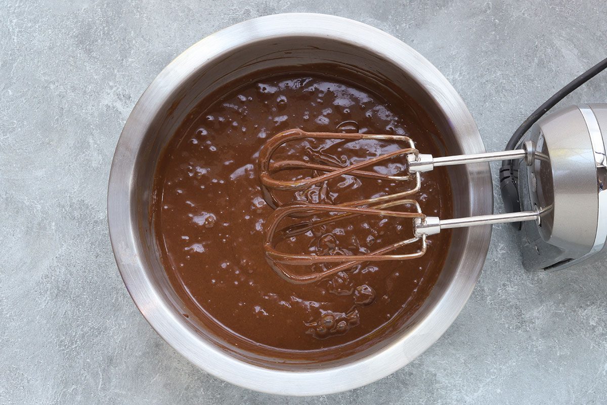 Peanut butter cup cupcake batter, made with a chocolate cake mix.