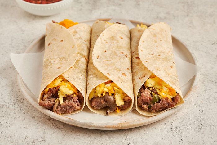 Sausage breakfast burrito by Taste of Home