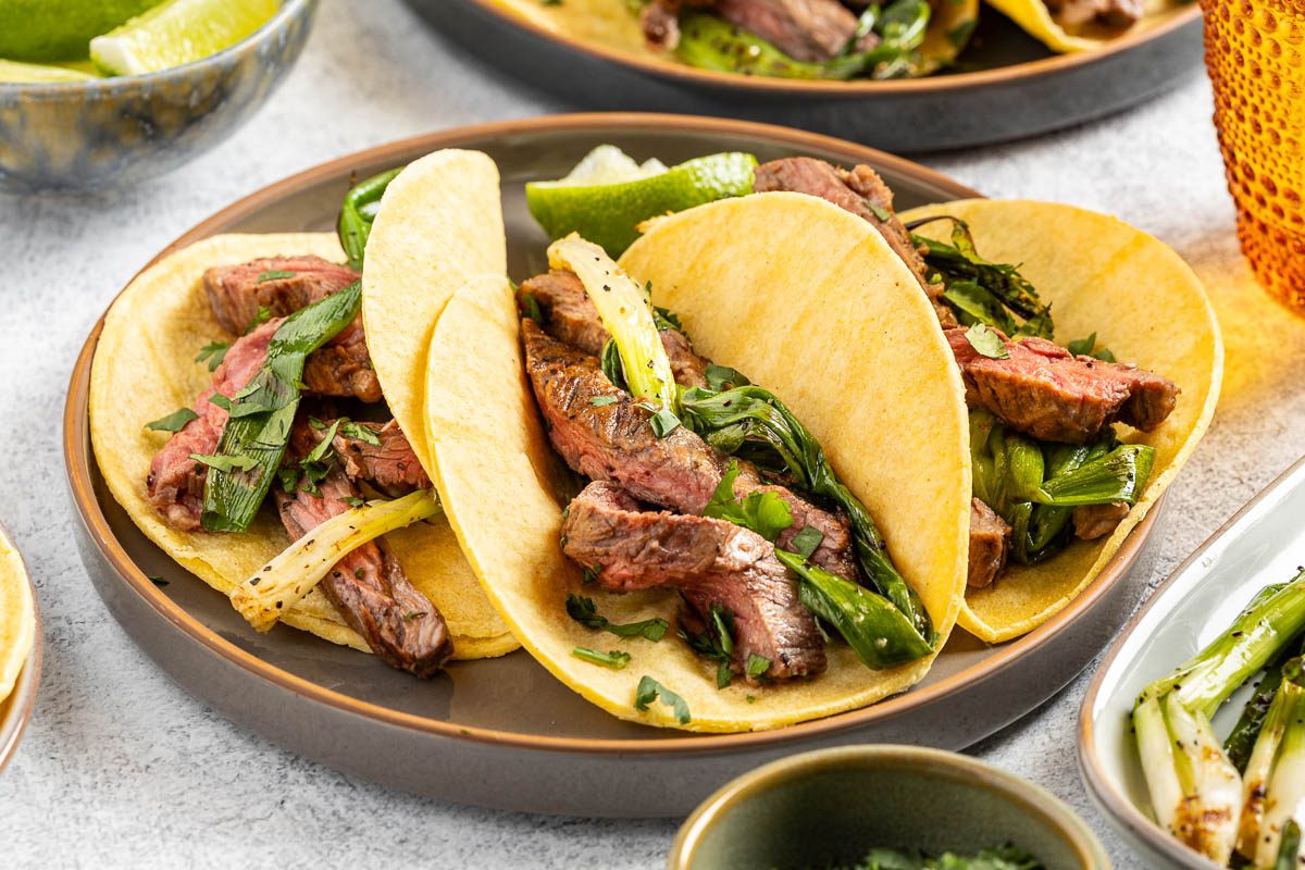 Taste of Home Skirt Steak Tacos recipe photo of the assembled tacos.