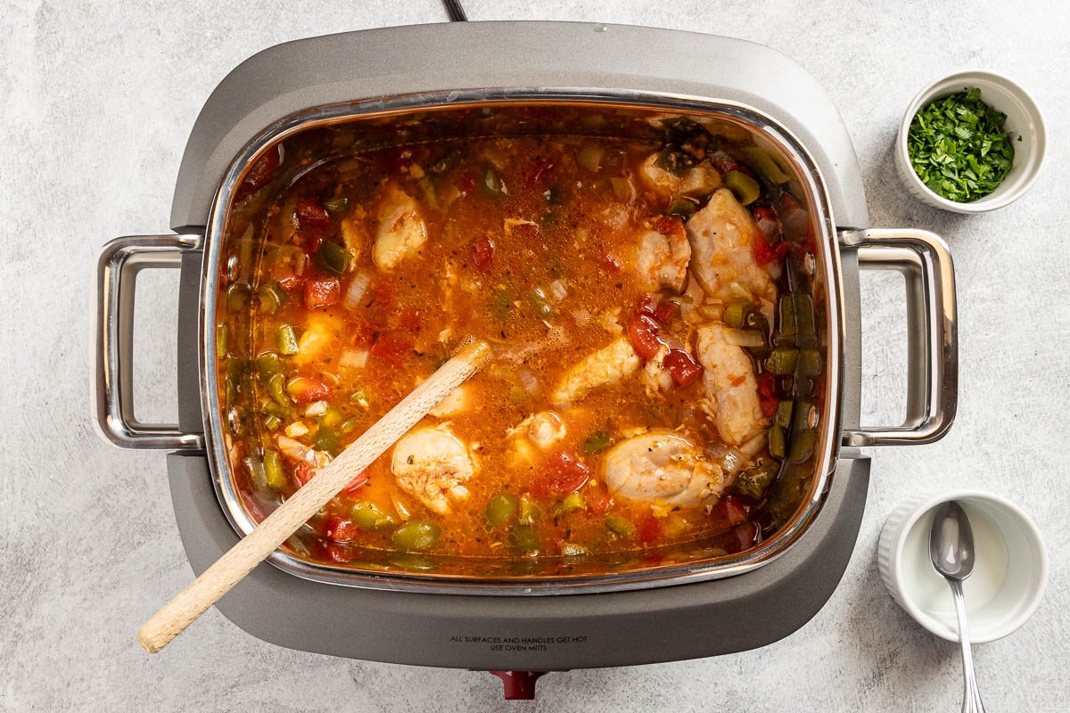 Taste of Home Slow Cooker Chicken Cacciatore recipe photo of adding the cornstarch slurry to the slow cooker.