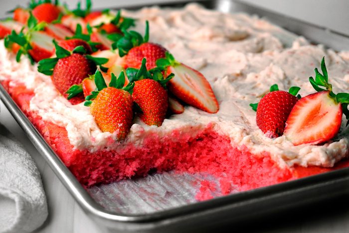 Strawberry sheet cake is ready low angle shot