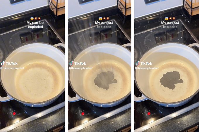 Three images side by side show a white pot on a stovetop with text overlay reading "My pan just exploded." The first image shows the pot seemingly intact, while the second and third images depict steam and a dark substance emerging from the center of the pot.