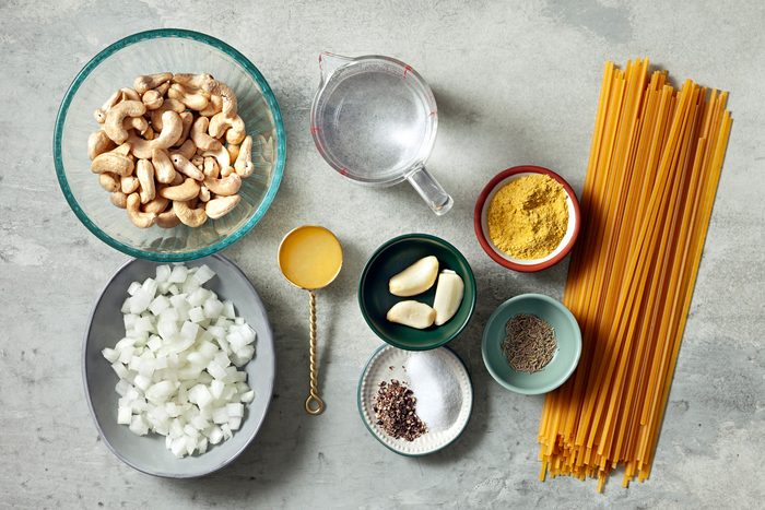 Overhead shot of all ingredients; marble surface