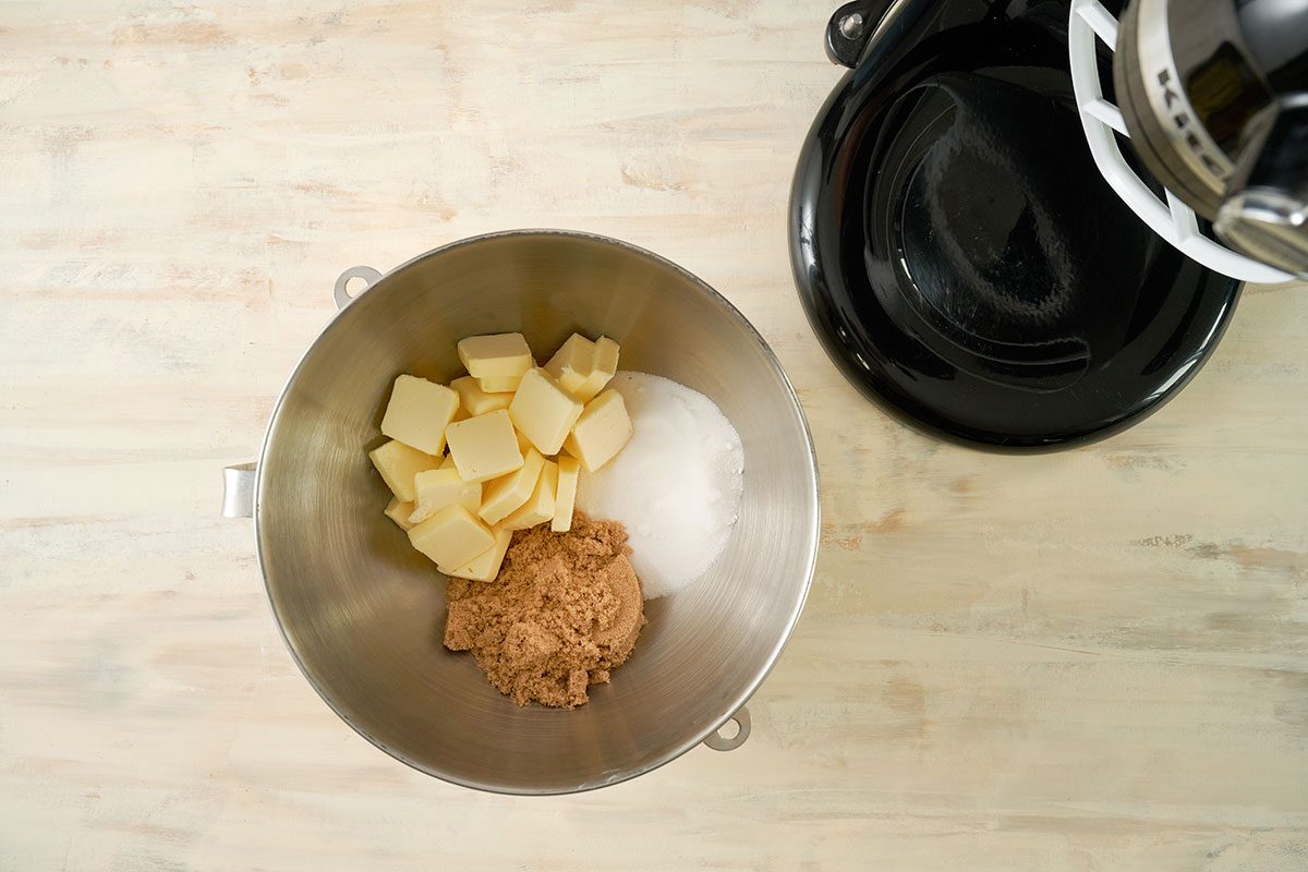 Overhead view of softened butter, sugar, and brown sugar together in a large bowl for the Taste of Home Air Fryer Oatmeal Cookies recipe.